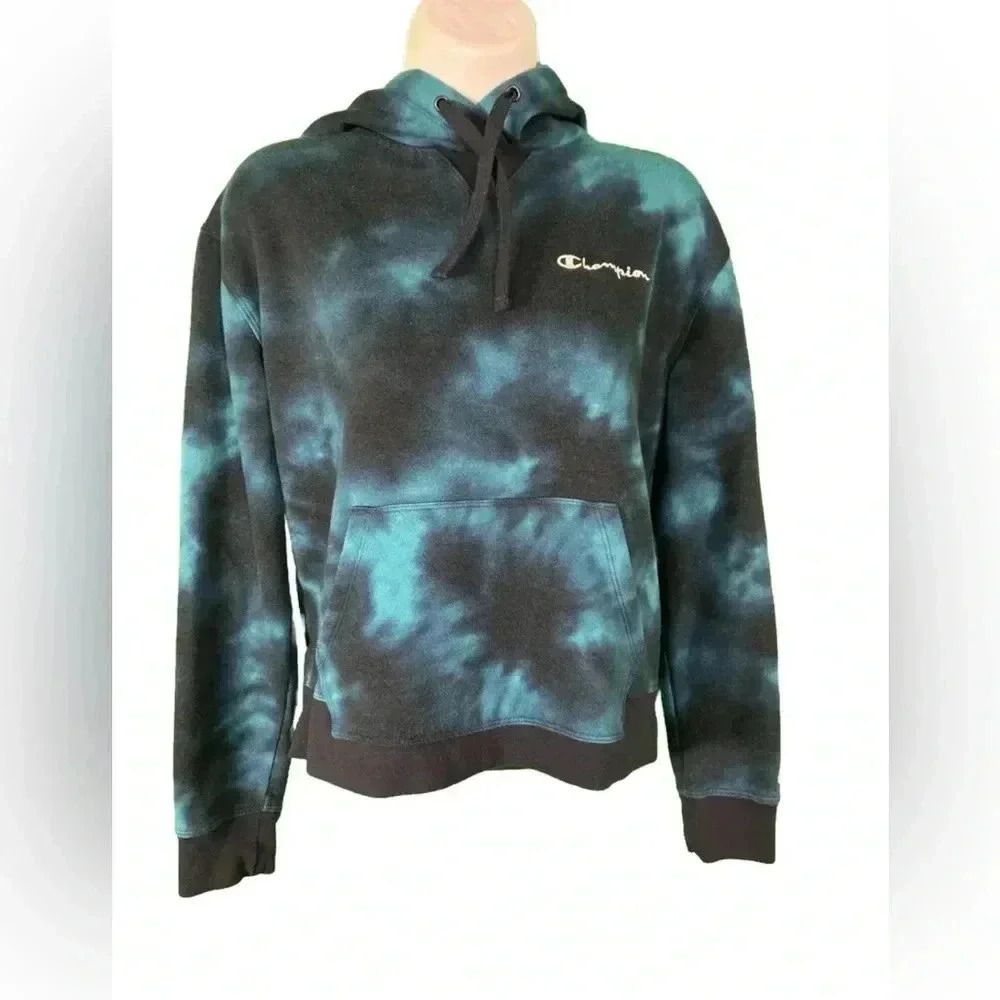 Champion Size S/CH Blue Black Tie-Dye Long Sleeve Hooded Sweater